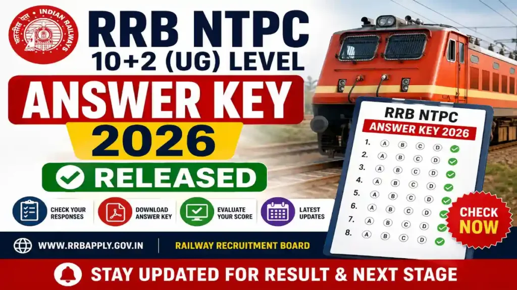 RRB NTPC 10+2 UG Answer Key 2026 released official banner with railway train, CBT exam response sheet, and answer key download update