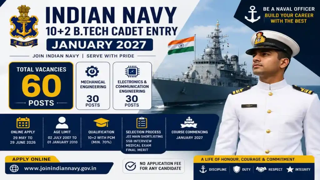 Indian Navy 10+2 B.Tech Cadet Entry January 2027 Recruitment, 60 vacancies, eligibility, apply online and selection process