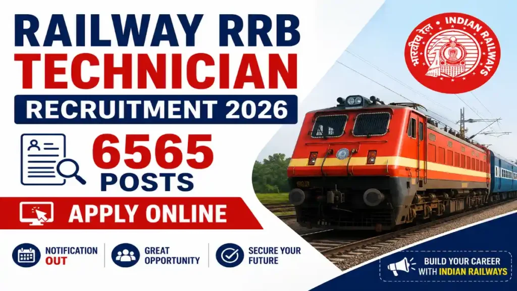 Railway RRB Technician Recruitment 2026 banner featuring Indian Railways train, RRB Technician vacancy announcement, 6565 posts, apply online notification, and government job recruitment theme.