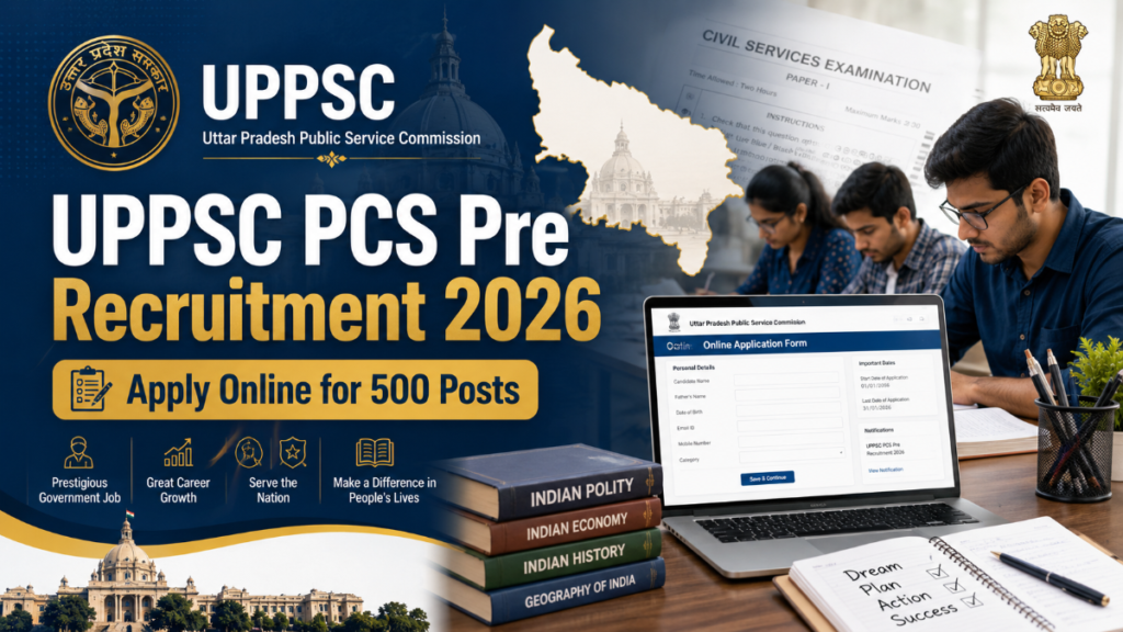 UPPSC PCS Pre Recruitment 2026 official online application image for 500 vacancies with students preparing for Uttar Pradesh civil services examination