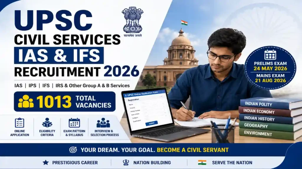 UPSC Civil Services IAS IFS Recruitment 2026 online form, 1013 vacancies, eligibility, exam date and selection process