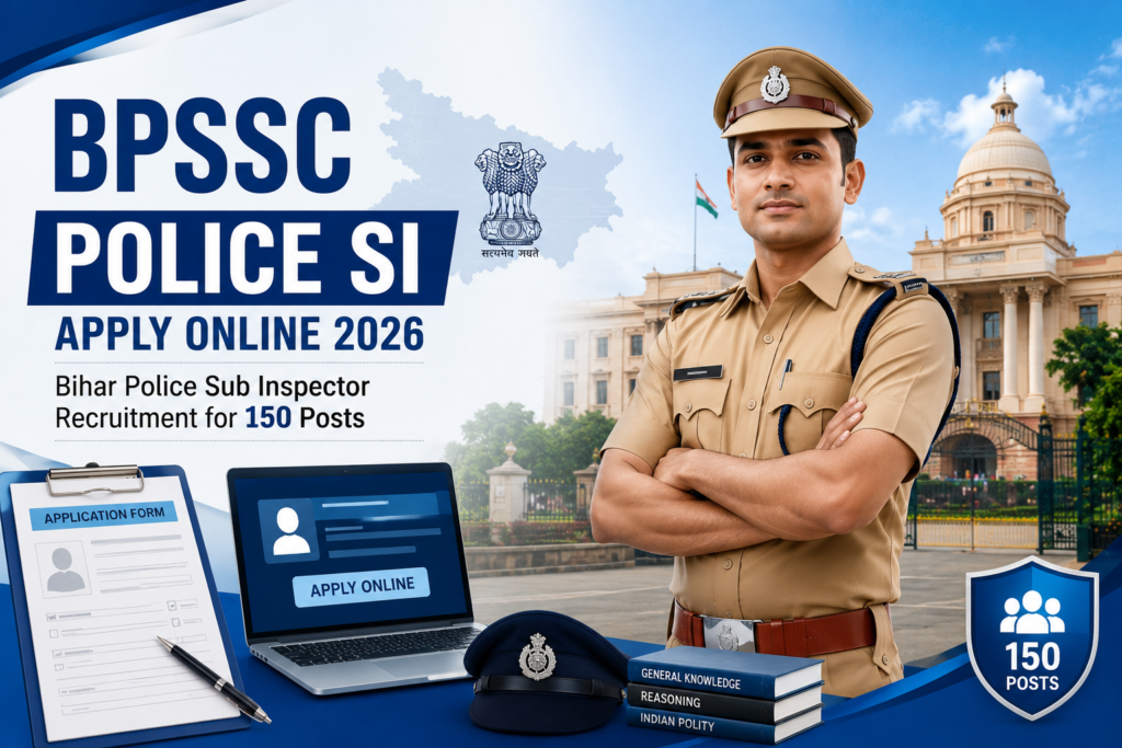 BPSSC Police SI Apply Online 2026 featured image showing Bihar Police Sub Inspector recruitment for 150 posts with an Indian police officer, application form, and government building.
