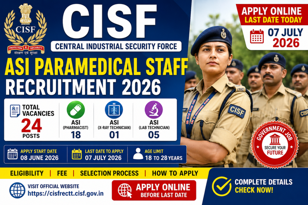 CISF ASI Paramedical Staff Recruitment 2026 featured image showing 24 vacancies for Pharmacist, Lab Technician and X-Ray Technician with online application details and last date 07 July 2026.