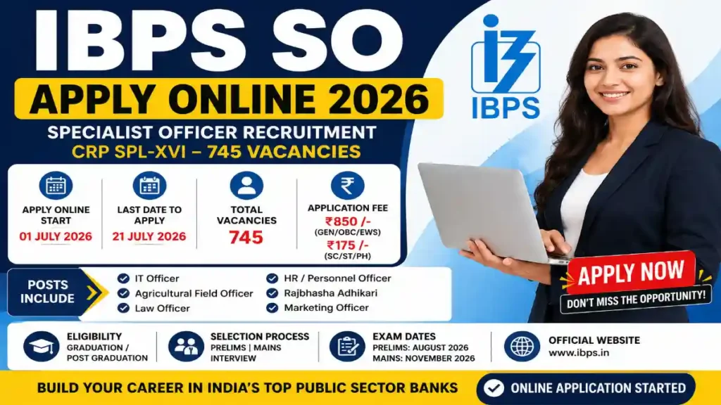 IBPS SO Apply Online 2026 recruitment banner showing Specialist Officer vacancies, application dates, eligibility, fees, and online registration details for public sector bank jobs.