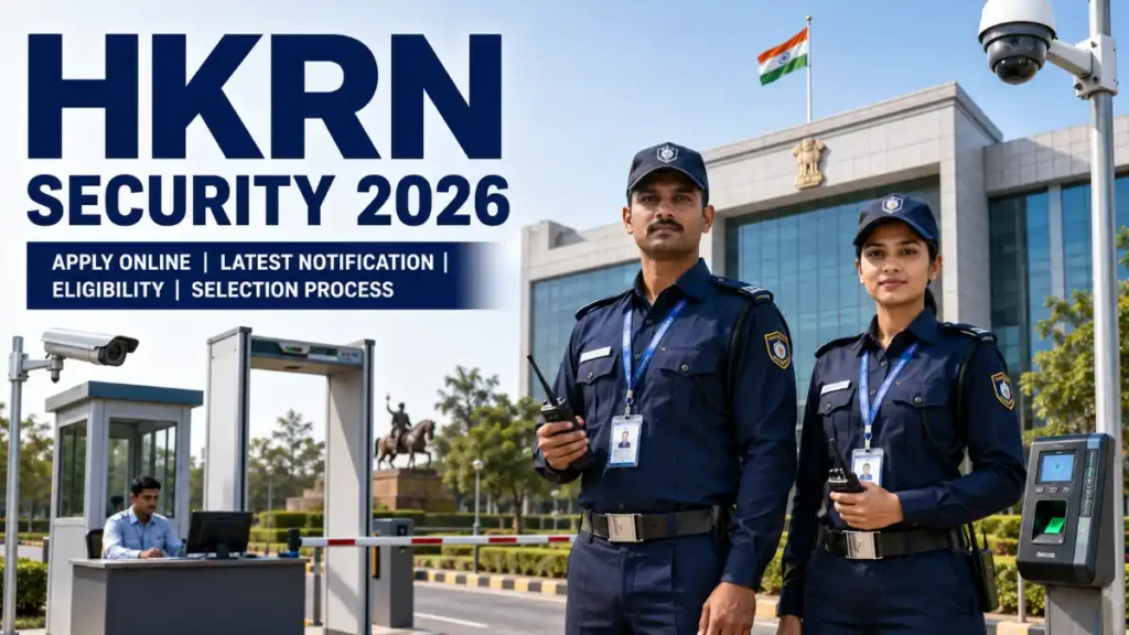 "HKRN Security 2026 recruitment banner with Indian security guards outside a Haryana Government office."