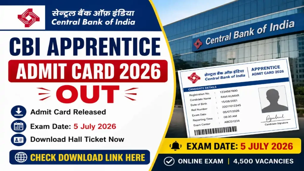 CBI Apprentice Admit Card 2026 OUT banner showing Central Bank of India apprentice hall ticket, exam date 5 July 2026, download link, and official banking recruitment notification.
