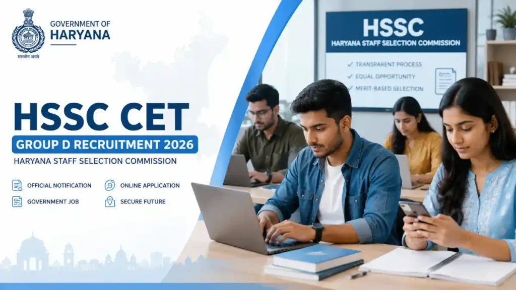 HSSC CET Group D Recruitment 2026 featured image showing students applying online for Haryana government jobs with official exam and application theme.