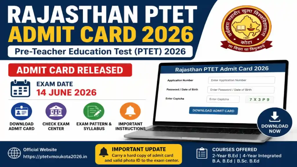 Rajasthan PTET Admit Card 2026 download banner showing exam date, hall ticket login page, PTET exam details, and VMOU Kota official update for B.Ed entrance exam candidates.
